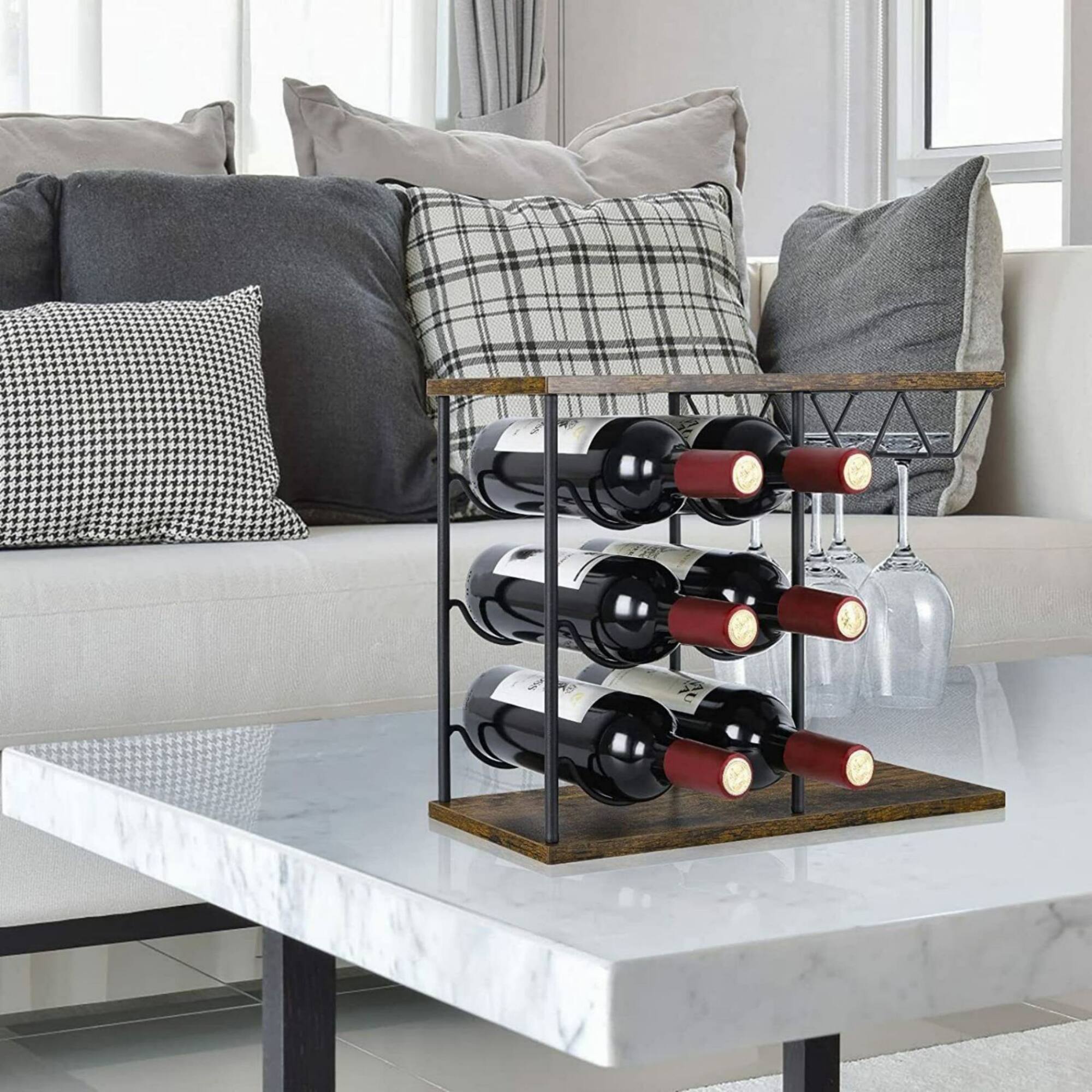 NEX™ 16.5" Dark Brown Countertop Wine Bottle & Glass Rack